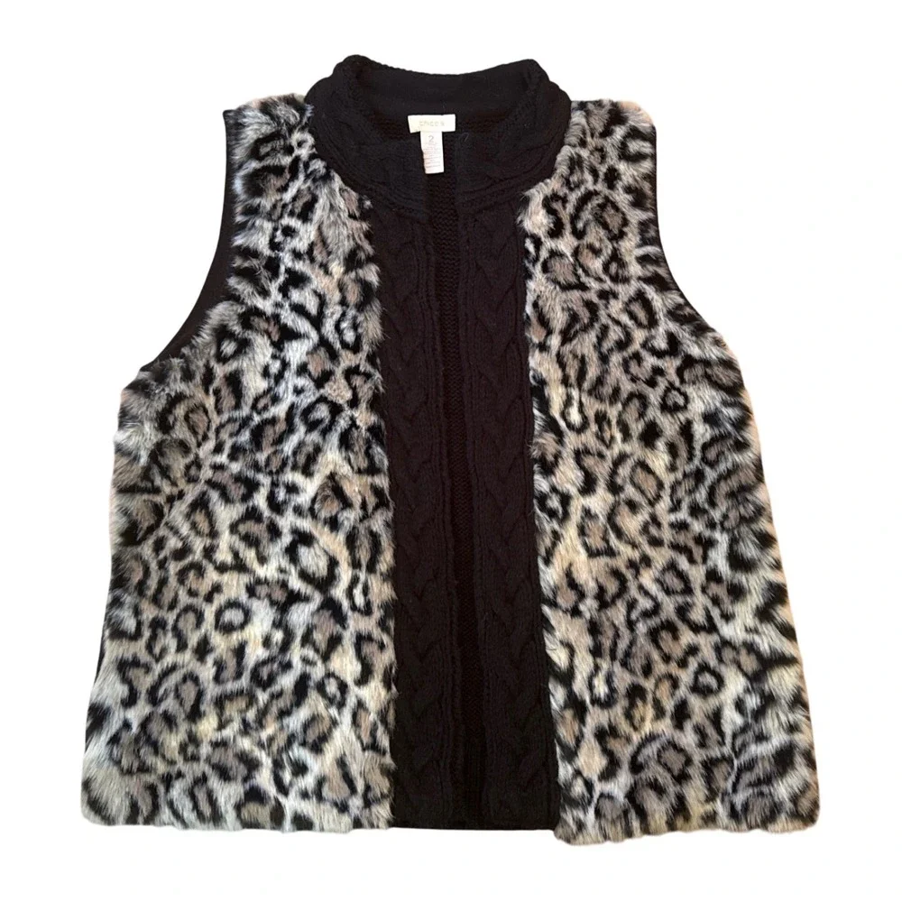 Chico's Faux Fur Vest Womens 2 Black Leopard‎ Print Excellent Knit Open Front